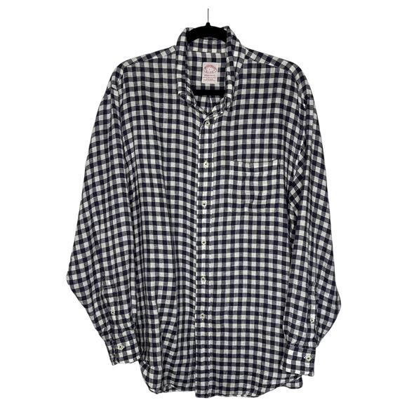 Brooks Brothers Men's Button Down Shirt Large Navy Check Print Madison Fit Linen - Picture 1 of 7